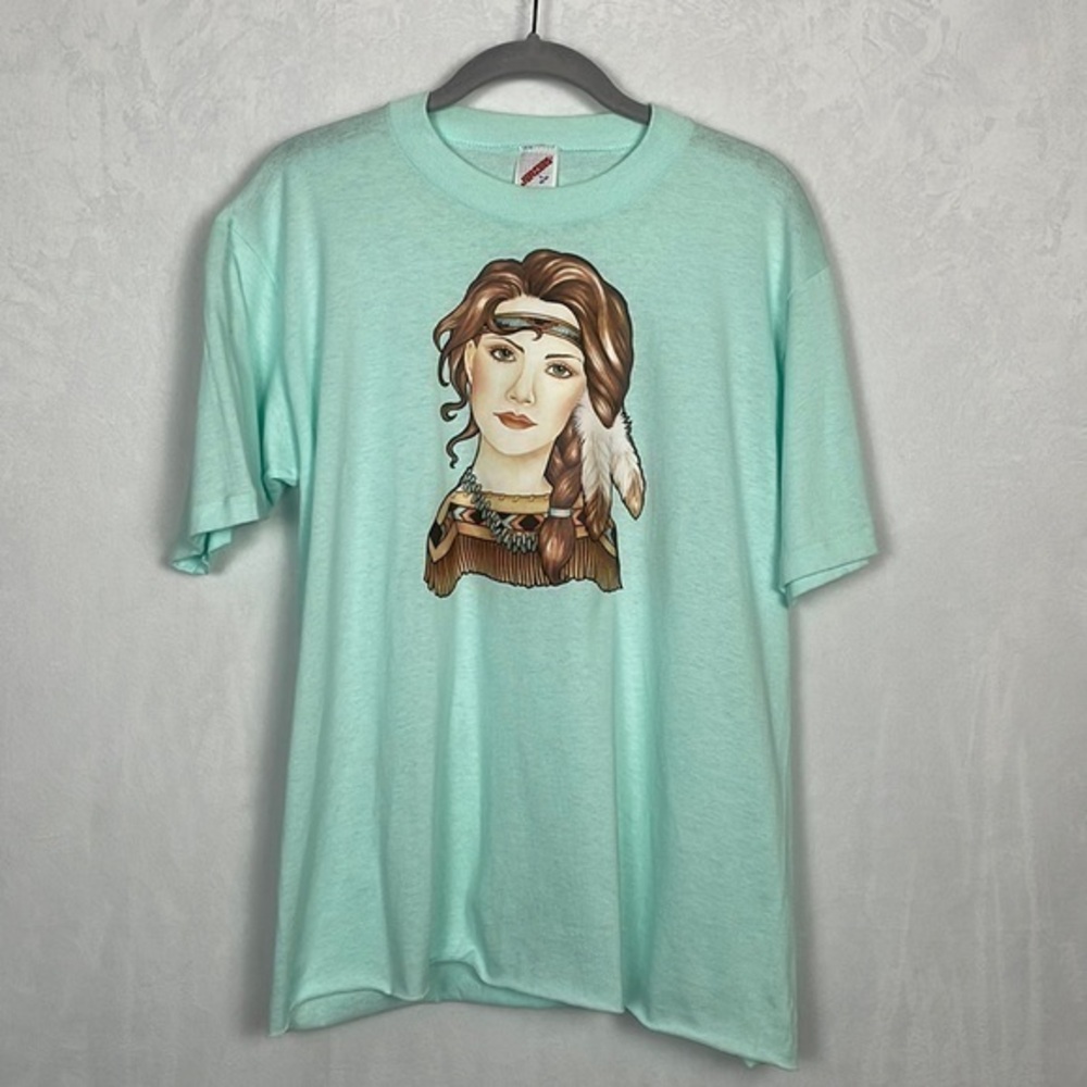 Vintage Women's Single Stitch T-shirt, Native Indian Woman, Mint‎ Green, Size L - Picture 2 of 7